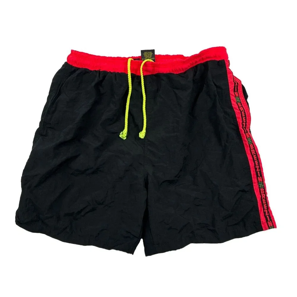 Vintage Breezin Board Shorts Mens Large Side Logo Neon Pink Black 80s 90s